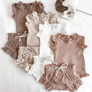 Bebé recién <span class=keywords><strong>nacido</strong></span> verano algodón infantil hoja de loto <span class=keywords><strong>pantalones</strong></span> mameluco conjunto ropa de bebé conjunto Top + pantalón - Product Image 1