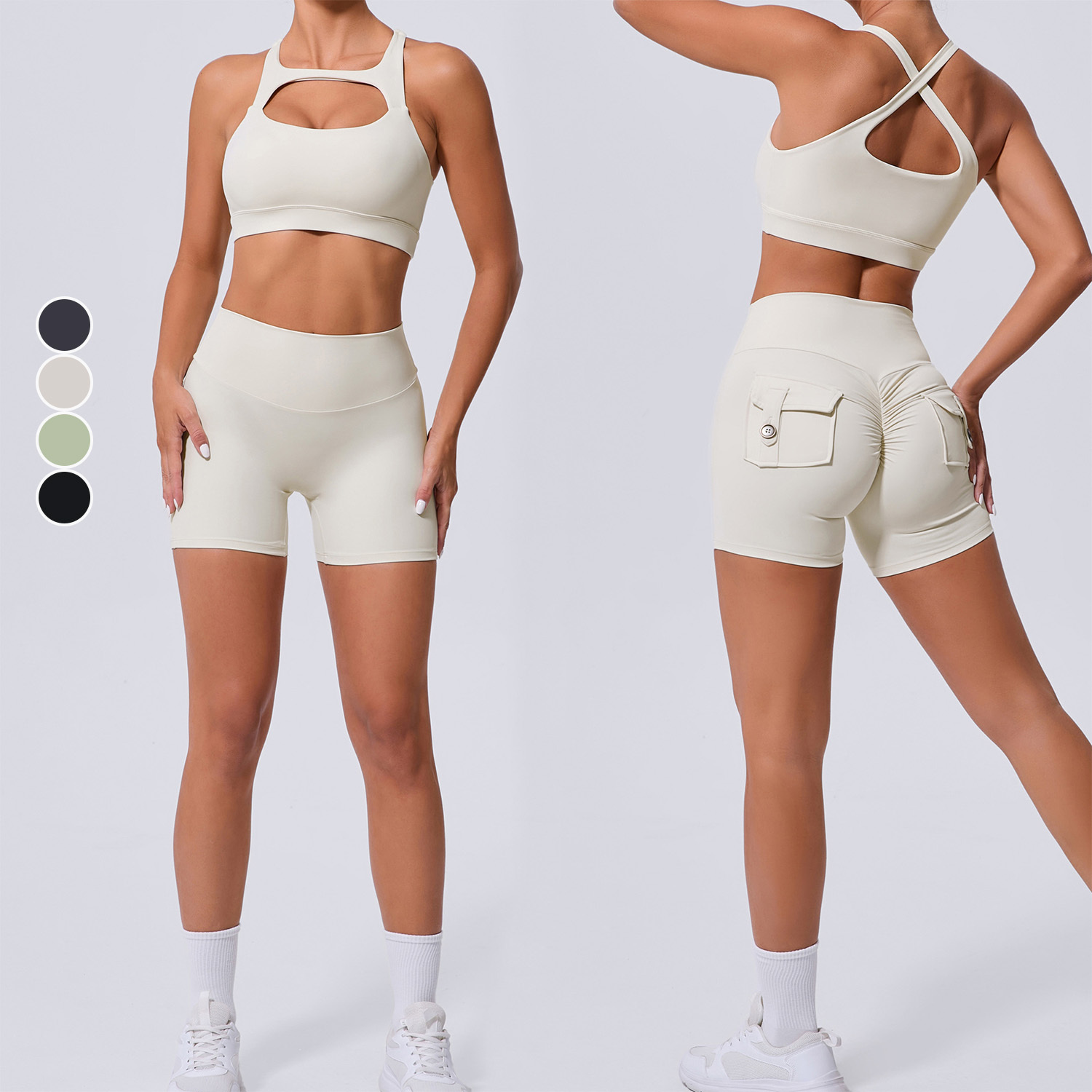 New Fitness Set Woman Sexy Backless Crossover Quick Drying Sports Bra High Waist Elastic Breathable Yoga Shorts Womens Gym Sets