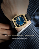 Montre à quartz carrée en alliage pour homme, finition brossée, aiguilles, double calendrier, mouvement en acier inoxydable, bracelet en cuir de veau, étanche 3 ATM