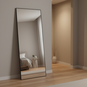 Miroir sur pied pleine longueur 71 x 31 en verre trempé avec cadre en alliage d'aluminium noir, pour usage domestique, à poser, à accrocher ou à appuyer - Product Image 2