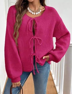 <span class=keywords><strong>Cardigan</strong></span> en tricot simple pour femmes - Confortable et ample - Design à cordon de serrage en tricot - Style décontracté printemps - Haut rétro - Product Image 6