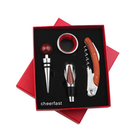 Magnifique Coffret Cadeau Accessoires Tire-Bouchon Bouteille de Vin Rouge en Bois 4 Pièces Outils à Vin en Acier Inoxydable et Bois