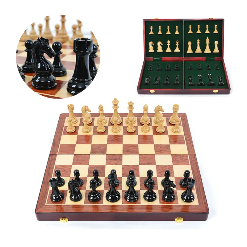 Lüks seyahat satranç seti ile klasik Metal adet ve katlanır depolama ahşap satranç tahtası