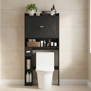 Meuble de rangement de style ferme pour toilettes, noir, 24 pouces de large, avec portes battantes, étagère de salle de bain autoportante en bois à 3 niveaux - Product Image 2