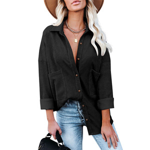 Chemises boutonnées en velours côtelé décontractées pour femmes, couleur unie, manches longues, manteau surdimensionné, chemisiers tendance, hauts vintage, streetwear - Product Image 5
