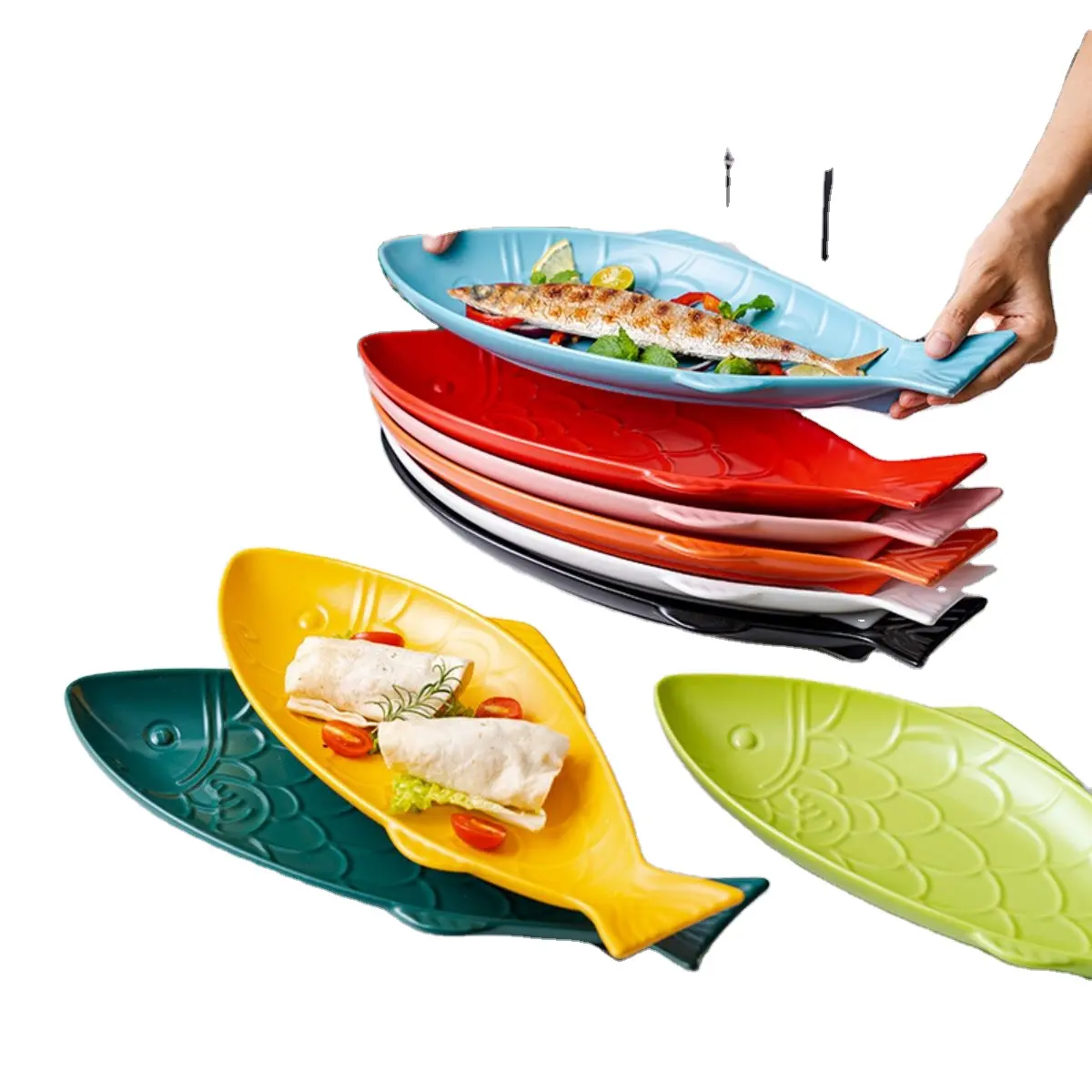 Plato de cerámica con diseño de pescado creativo de estilo nórdico, Platos y platos multicolores de 16 pulgadas, juego de platos de melamina, vajilla