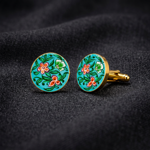 Handpainted Turquoise Floral Brass <b>Cufflinks</b> Meenakari Style Botanical Design Gold Plated From Rajasthan for <b>Men</b> Birthday Party - Product Image 6
