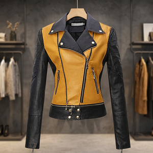 <b>Women</b> Two Tone Color Block PU Leather <b>Jacket</b> Moto Biker Coat Turn Down Collar Zipper Slim Fit <b>Spring</b> Outerwear - Product Image 3
