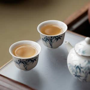 Taza de té de cerámica de bambú azul pintada a mano, taza redonda de porcelana para degustación de té, para uso doméstico, té de la tarde, nuevo estilo chino - Product Image 4