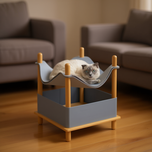 Casa para Gatos Semiabierta Creativa, Mueble para Mascotas de Bambú Gris, Condominio Interior de Tamaño Mediano - Product Image 2