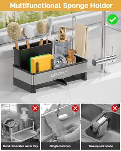 Porte-éponge pour évier de cuisine avec plateau de <span class=keywords><strong>vidange</strong></span> automatique avec porte-brosse à serviettes pour accessoires de stockage de distributeur de savon de comptoir - Product Image 3