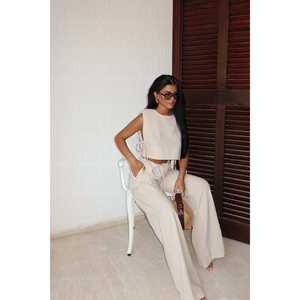 Ensemble moderne décontracté deux pièces par Lali, haut court beige uni et jupe longue, taille XL pour l'été - Product Image 4