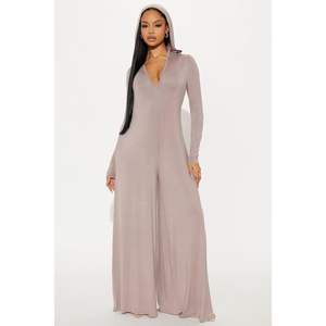 VOIKERDR จั๊มสูทผู้หญิงแบบชิ้นเดียวมีฮู้ดแขนยาวขากว้างชุดปาร์ตี้ผ้าถักระบายอากาศได้เอวกลาง - Product Image 1