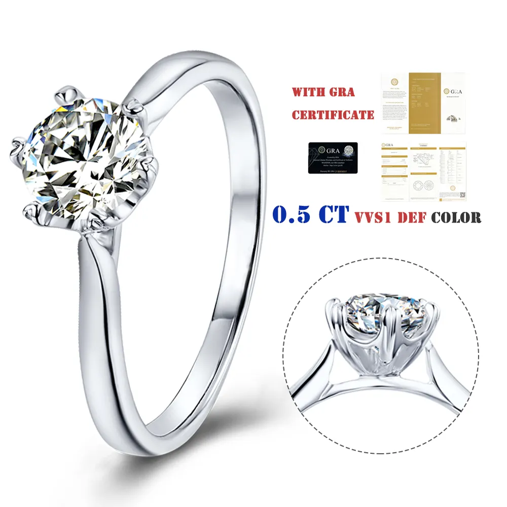 Classic Fashion 6 Prong Setting 5mm Moissanite Diamond Stone Engagement Wedding Ring For Women Jewelry