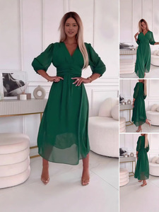 Robe longue en mousseline unie à col en V sexy pour femme, élégante, taille haute, ajustée, pour soirée, printemps, automne, manches 3/4, coupe trapèze, style bohème - Product Image 3