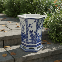 Pot de fleurs hexagonal bleu et blanc de Jingdezhen avec plateau, motif floral et d'oiseaux, pot en céramique antique pour orchidées et bonsaïs
