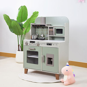 Jouet de jeu de rôle Montessori, cuisine en bois vert sauge moderne pour enfants avec micro-ondes, four, hotte et cuisinière - Product Image 3