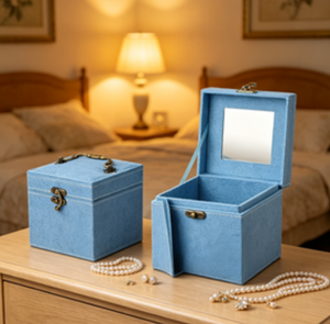 Boîte à bijoux en tissu bleu ciel avec miroir et poignée, organiseur de bijoux vintage portable, étui de voyage portable - Product Image 2