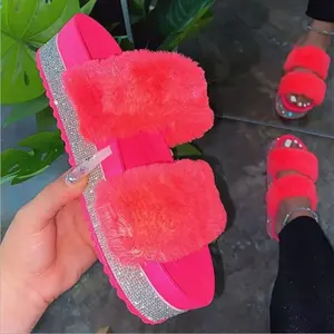 Sandales plates en fausse fourrure, chaussures à strass, de plage décontractées, tongs à bout ouvert pour filles