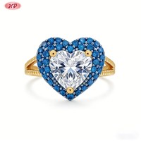 Bague Cœur en Laiton Plaqué Or 18K Hengdian avec Zircon et Saphir Bleu – Bague Tendance pour Femme au Quotidien