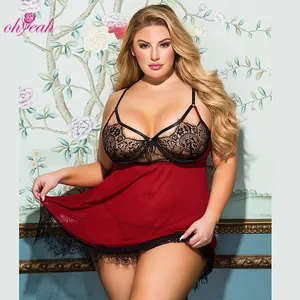 Backless Hollow Out See Through Nighty Sleepwear Sheer Eyelash Floral Lace Dress Sexy Babydoll Plus Size lingerie For Women