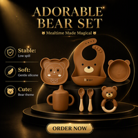 Ensemble d'alimentation pour bébé en silicone Ours brun, thème animal, assiette, bol, tasse, cuillère, fourchette, anneau de dentition pour les repas