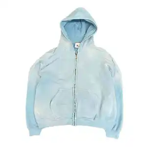 Light Blue Oversized Acid Stone Washed Distressed Hoodie Embossed Heavyweight Cotton Full Zip Up Vintage Wash Mens Hoodies