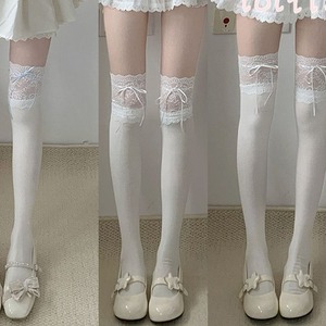 <b>White</b> Lace Trim Over The Knee <b>Socks</b> 5D Ultra Thin Breathable Women's JK Style Ballet Ribbon Bow <b>Long</b> <b>Socks</b> - Product Image 1