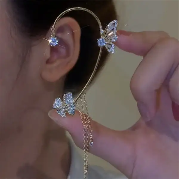 Chic Design 18k Gold Plating Crystal Butterfly Cuff Earrings Dainty Flower Tassel No Piercing Zircon Butterfly Ear Clip Earring