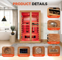 Sauna intérieur de luxe sur mesure à spectre complet pour 2 personnes, en bois de pruche canadien, avec thérapie par lumière rouge