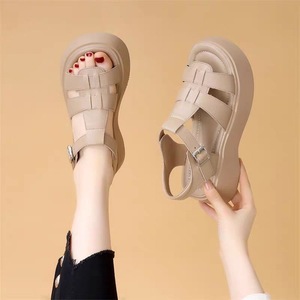 Beige Platform Heeled <b>Sandals</b> With Buckle Closure Open Toe Microfiber Leather Chunky Heel Summer Comfortable Shoes Drop Shipping - Product Image 3