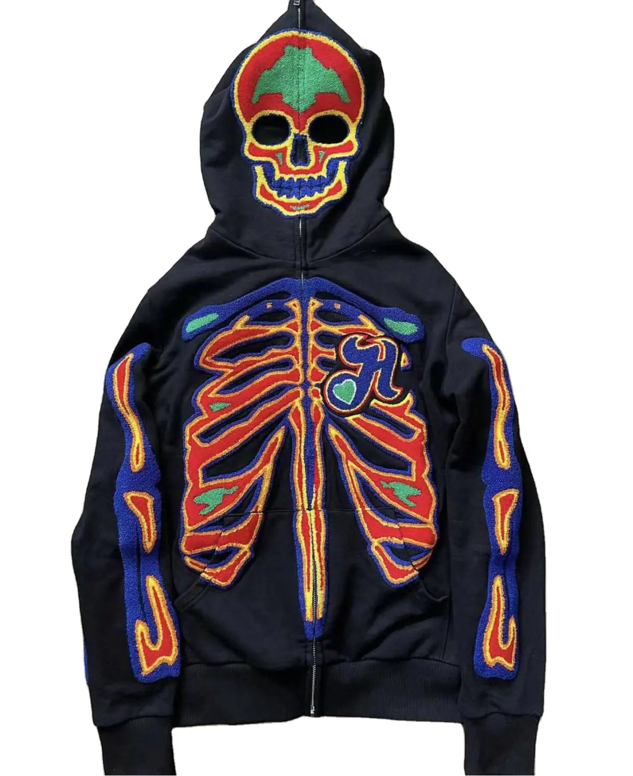 Chenille Embroidery Skeleton Goth Sweatshirt Sport Pullover Custom Unisex full zip up hoodie