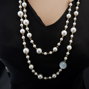 <b>Long</b> Women's Faux Pearl Beads <b>Necklace</b> Morantie Cat's-Eye Stones Multi-Layer Style Sweater Chain High-End Decorative Multi-Layer - Product Image 4