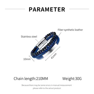 Custom Logo Street Jewelry Personality Hip-hop Blue Weave Black Glass Stone Magnetic Stainless Steel Mens Leather Bracelet