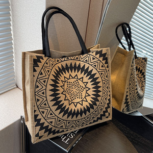 Femmes fleur motif fourre-tout sacs à bandoulière rétro grande capacité coton lin sac à main navettage sous les bras sac décontracté sacs à provisions - Product Image 1