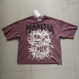 アメリカンヴィンテージメンズストリートウェア高品質ゴシックスカルフラワープリント卸売半袖KLEEP Tシャツ（メンズ） - Product Image 3