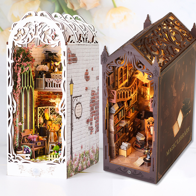 DIY Magic Book Nook Library Kit 3D Wooden Puzzle Harry Doll House Miniatures Building Model Bookends With Furniture LED Light