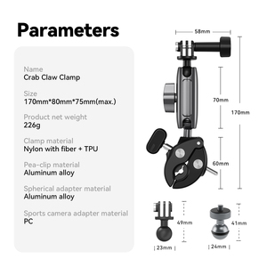 Support de pince d'accessoires universels pour caméra d'<span class=keywords><strong>action</strong></span> Telesin avec support à rotule avec filetage 1/4 pour Insta360 Ace & ace Pro - Product Image 5