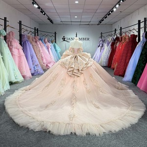 8579 Robe de bal Quinceañera rose exquise, style licou, avec appliques de perles, dentelle et cristaux, traîne chapelle, coupe naturelle, pour soirée - Product Image 4