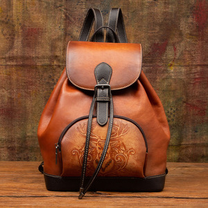 Ando <b>Bag</b> Vintage Genuine Leather <b>Backpack</b> Women Deer Embossed Cowhide Drawstring <b>Travel</b> <b>Bag</b> - Product Image 1