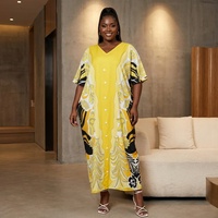 Fabrikpreis Afrikanisches Blumenmuster Kaftan-Kleid für Damen Übergröße V-Ausschnitt Knopfleiste Lose Lange Boubou-Robe Großhandel Abaya