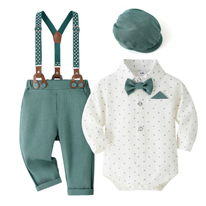 Catpapa Vente en gros Ensemble 4 pièces pour bébé <span class=keywords><strong>garçon</strong></span> 0-18 mois : Body, pantalon à bretelles, nœud papillon, <span class=keywords><strong>béret</strong></span> – Tenue de gentleman formelle - Product Image 6