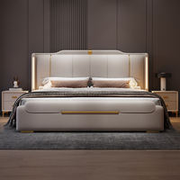 Cama Doble de Lujo Moderna de Alta Gama con Estructura de Madera, Tapizada en Tela Suave, con Luz LED, Sofá Multifuncional para Bodas