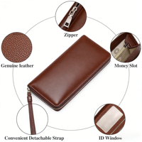 Dompet Wanita/Pria Kulit Asli Mewah Vintage Korea Anti Maling dengan Ritsleting dan Kantung Kartu RFID