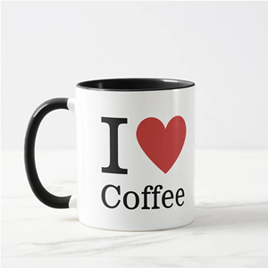 I Love Coffee Mugs Dos tonos Color Negro Interior y mango Tazas de sublimación de cerámica de 11oz - Product Image 1