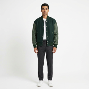 Custom Front <b>Winter</b> 100% Cotton Varsity Stand Collar Breathable College Bomber Lettermen <b>Jacket</b> Original Cowhide <b>Leather</b> Sleeves - Product Image 1