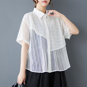 2025 New Plus Size Casual Office <strong>Blouse</strong> for Women Loose Mesh Panel Short Sleeve Shirt Stand Collar Solid Summer Top Simple Style - Product Image 3
