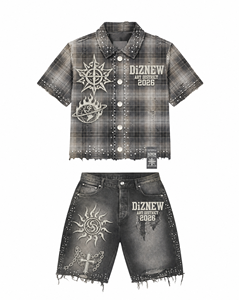 DiZNEW Set Personalizzato OEM <span class=keywords><strong>Camicia</strong></span> a Quadri con Strass e Pantaloncini in Denim per <span class=keywords><strong>Uomo</strong></span>, Stile Y2K Gotico Grunge Streetwear, Set 2 Pezzi BSCI - Product Image 3