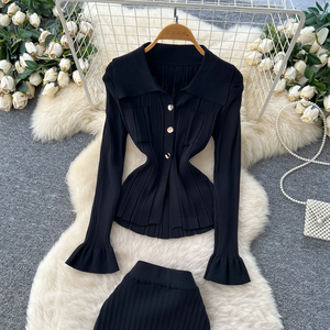 महिलाओं 2 टुकड़ा सूट लैपल लंबी आस्तीन पतली शीर्ष और उच्च कमर वाली पेंसिल स्कर्ट फ्रेंच शैली दो-टुकड़ा सेट - Product Image 6