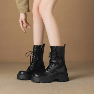 Botines de Piel Auténtica de Alta Calidad, Estilo Coreano, Otoño/Invierno 2025, Nuevos, Simples, Versátiles, con Cordones Delanteros y Tacón Alto - Product Image 4